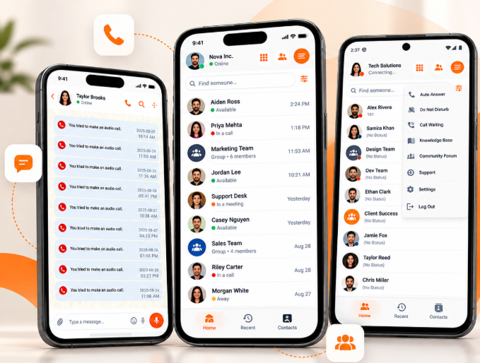 Siperb app showing calls, messages, and contacts